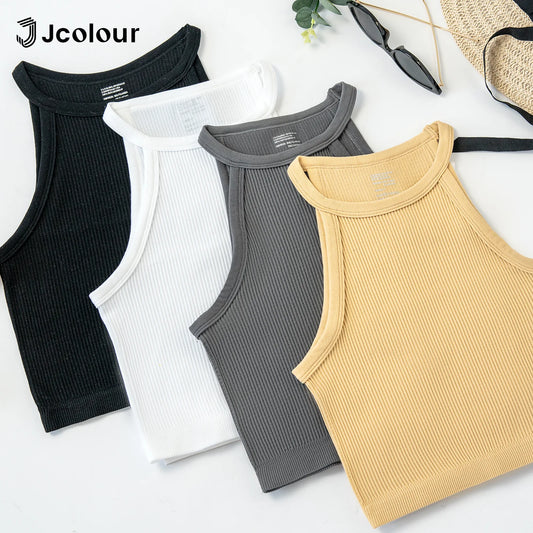 Blusa feminina sem mangas，Colete curto ajustado，Regata curta casual de verão，Cropped canelado，Regata de gola alta sexy