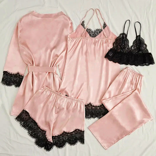 Conjunto de pijama de cetim feminino rosa lingerie sexy roupão de banho renda retalhos seda noite vestido calças casa roupas de noite