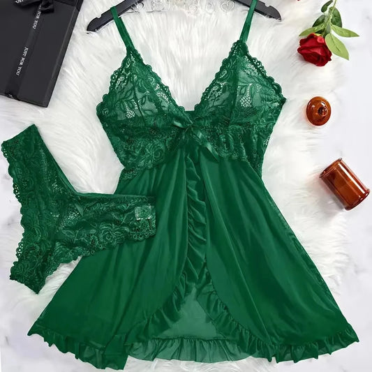 Conjunto de 2 Peças de Camisola de Renda para Mulheres, Roupas de Casa Exquisitas, Novos Pijamas Verdes Noturnos, Camisola Transparente com Decote em V, Conjuntos de Sutiã e Calcinha