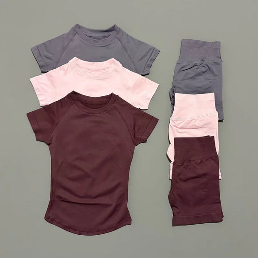 Conjunto esportivo HISTELLO de 2 peças, manga curta, sem costura, top de ioga, conjunto fitness feminino, shorts esportivos para corrida, roupa de ginástica