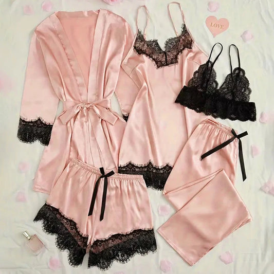 Conjunto de pijama de cetim feminino rosa lingerie sexy roupão de banho renda retalhos seda noite vestido calças casa roupas de noite