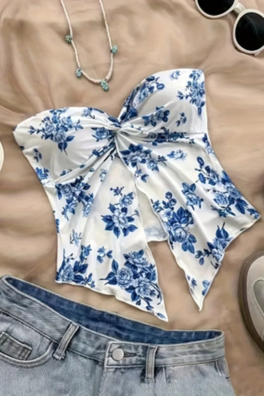 Top feminino elegante sem alças com ombro de fora e um pescoço