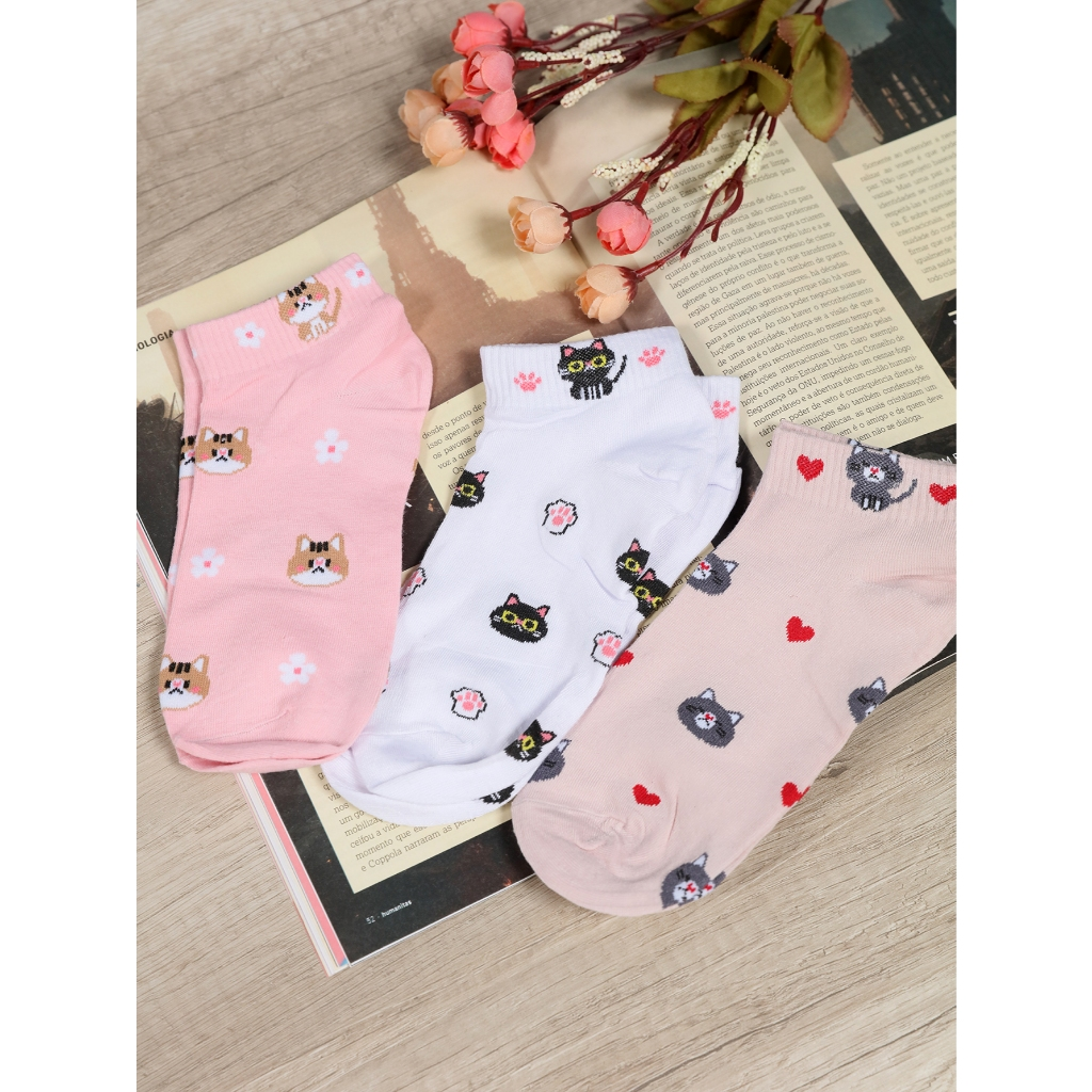 Kit 12 Pares Meias Feminina Soquete Cores Fofas 35ao40 com desenho