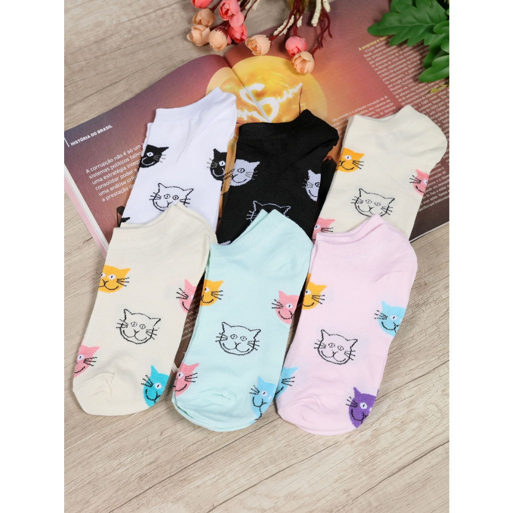 Kit 12 Pares Meias Feminina Soquete Cores Fofas 35ao40 com desenho