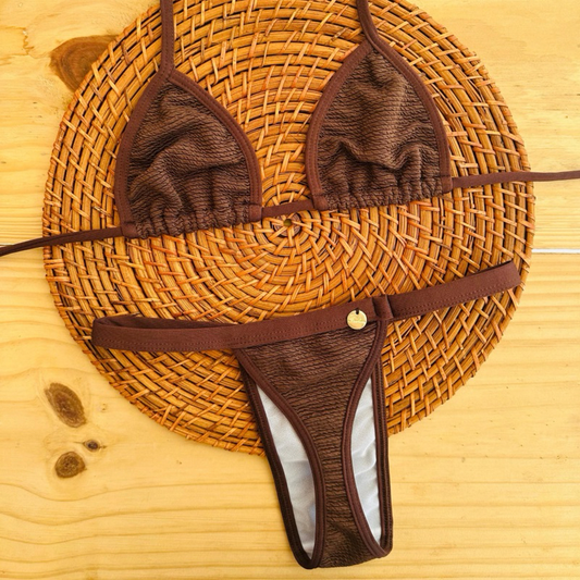 conjunto biquíni Cortininha fita bronze tecido anarruga