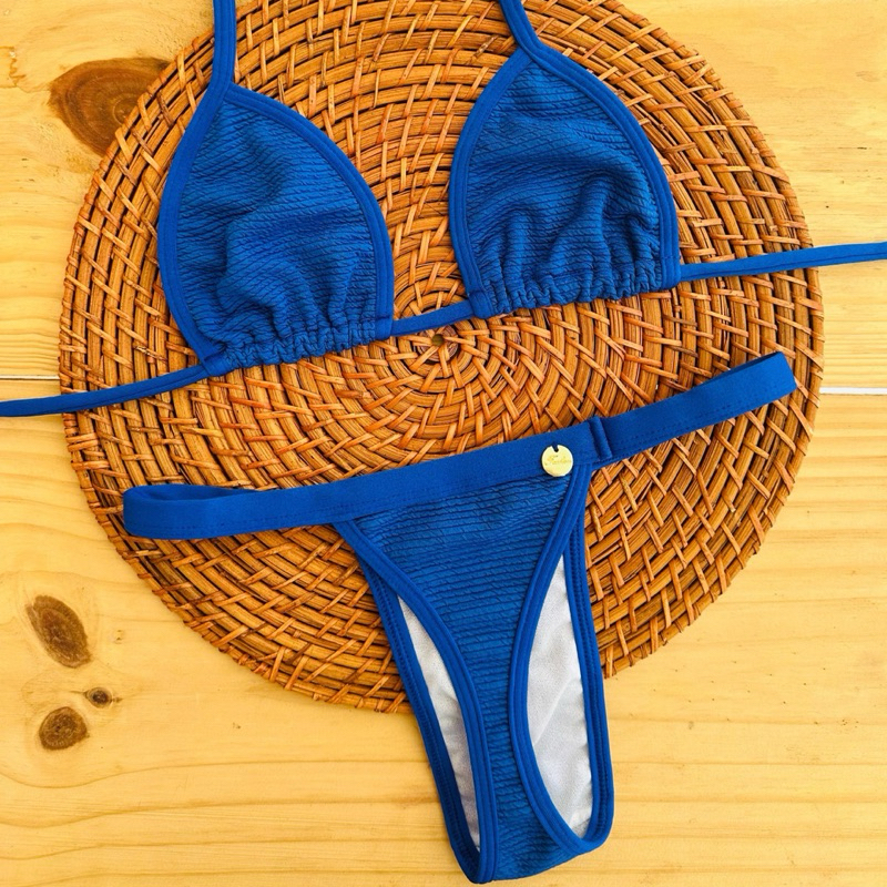 conjunto biquíni Cortininha fita bronze tecido anarruga