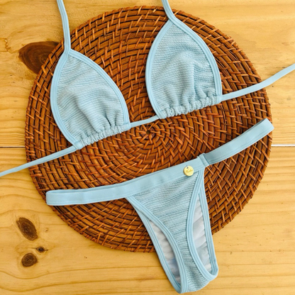 conjunto biquíni Cortininha fita bronze tecido anarruga