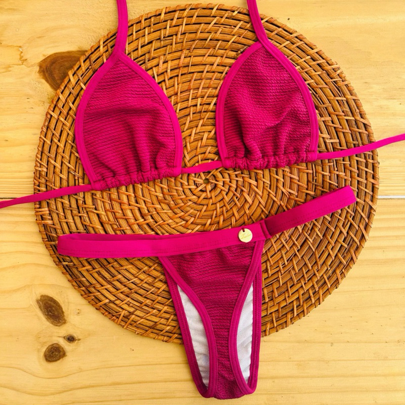 conjunto biquíni Cortininha fita bronze tecido anarruga