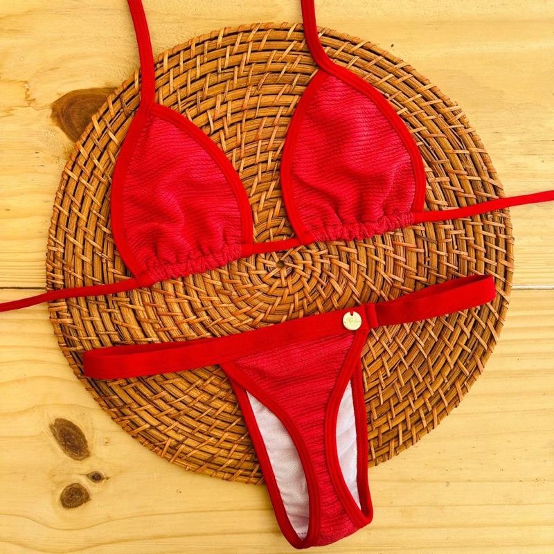 conjunto biquíni Cortininha fita bronze tecido anarruga
