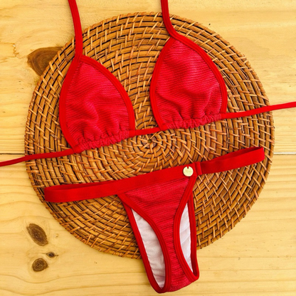 conjunto biquíni Cortininha fita bronze tecido anarruga
