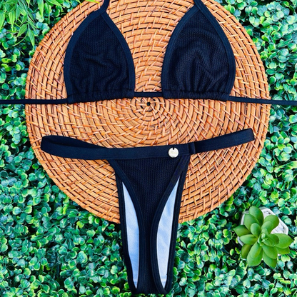 conjunto biquíni Cortininha fita bronze tecido anarruga