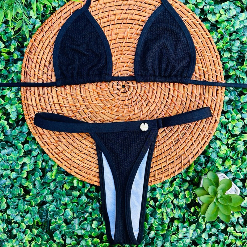 conjunto biquíni Cortininha fita bronze tecido anarruga