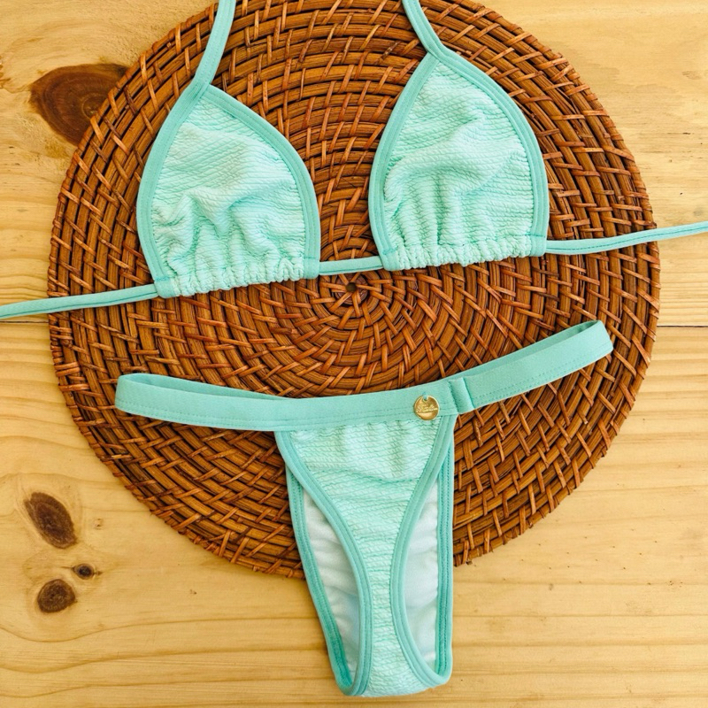 conjunto biquíni Cortininha fita bronze tecido anarruga