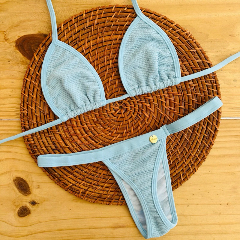 conjunto biquíni Cortininha fita bronze tecido anarruga