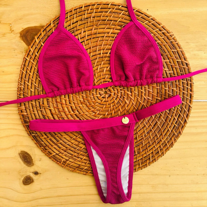 conjunto biquíni Cortininha fita bronze tecido anarruga