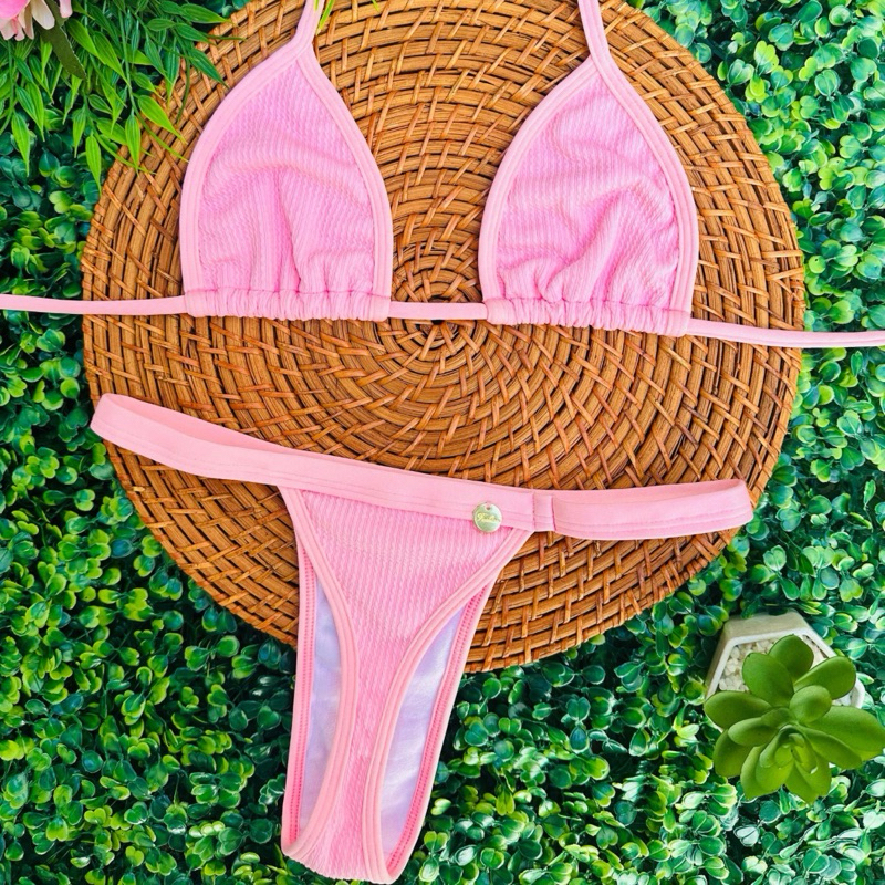 conjunto biquíni Cortininha fita bronze tecido anarruga