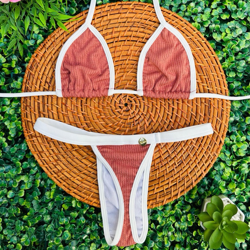 conjunto biquíni Cortininha fita bronze tecido anarruga