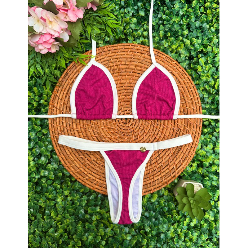 conjunto biquíni Cortininha fita bronze tecido anarruga