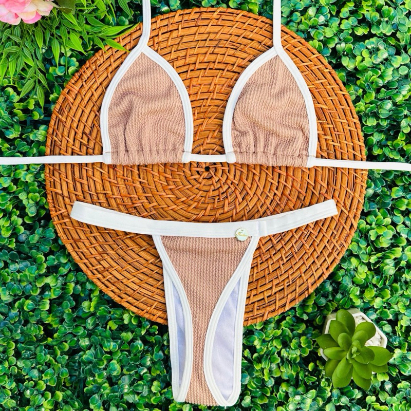 conjunto biquíni Cortininha fita bronze tecido anarruga