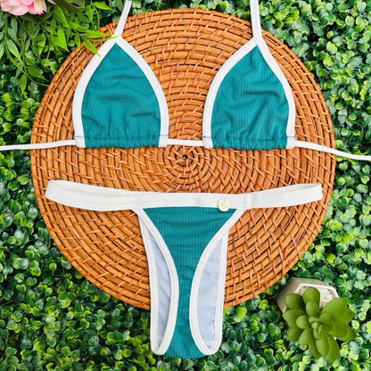 conjunto biquíni Cortininha fita bronze tecido anarruga