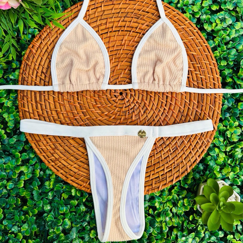 conjunto biquíni Cortininha fita bronze tecido anarruga