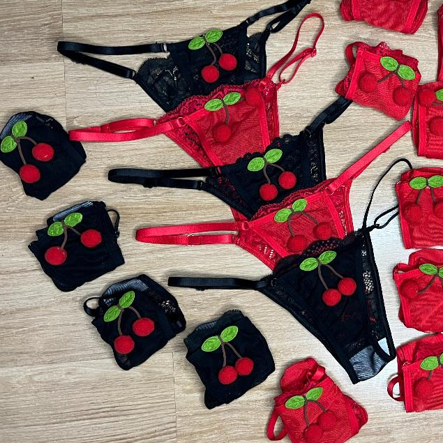 Kit 3 Calcinha Cerejinha Lingerie Renda com Tule Cereja