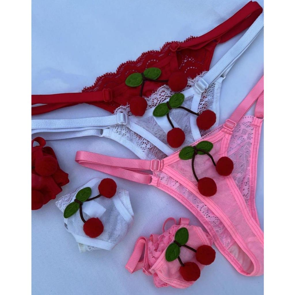 Kit 3 Calcinha Cerejinha Lingerie Renda com Tule Cereja