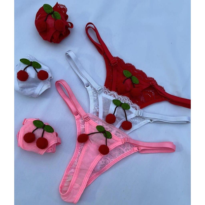 Kit 3 Calcinha Cerejinha Lingerie Renda com Tule Cereja