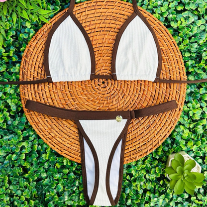 conjunto biquíni Cortininha fita bronze tecido anarruga