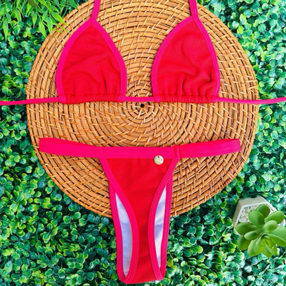 conjunto biquíni Cortininha fita bronze tecido anarruga