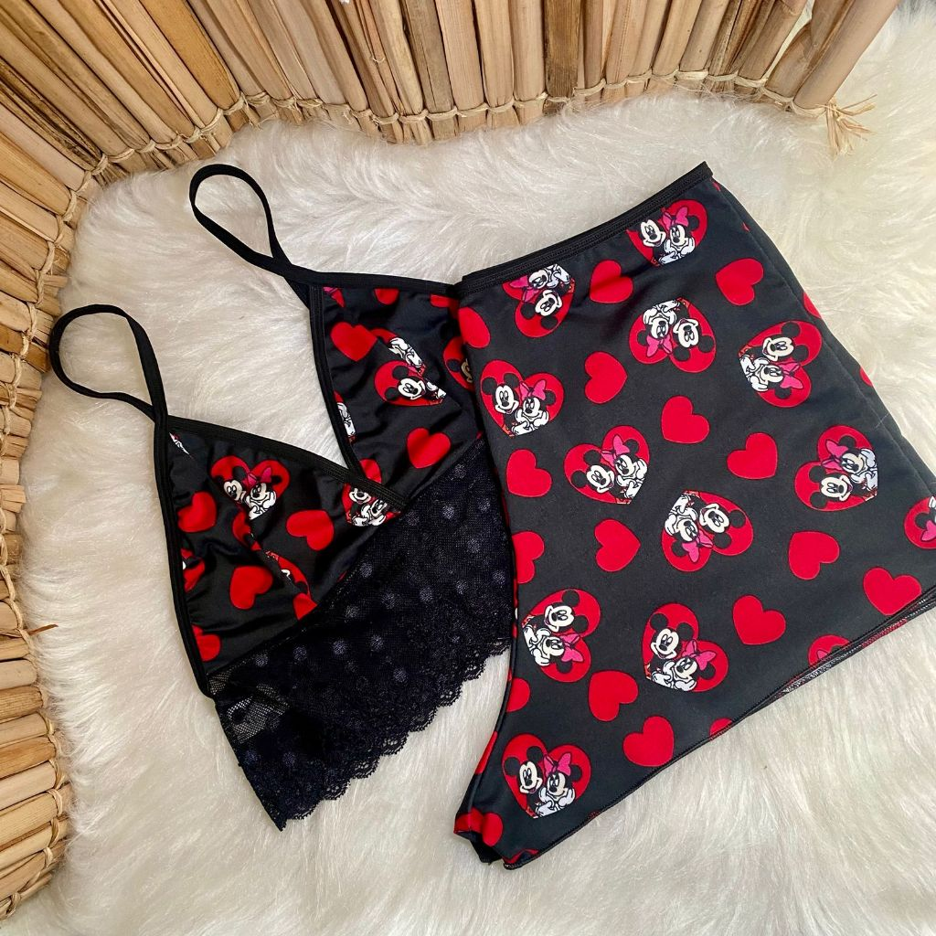 Pijama Estampado Personagens Bady Doll Suede Com Detalhe de Renda Roupa de Dormir Top Doll