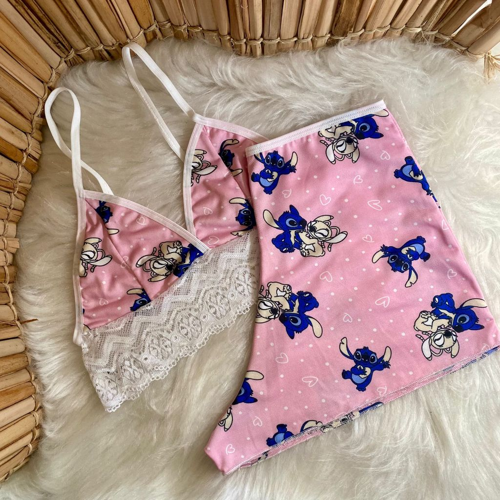 Pijama Estampado Personagens Bady Doll Suede Com Detalhe de Renda Roupa de Dormir Top Doll