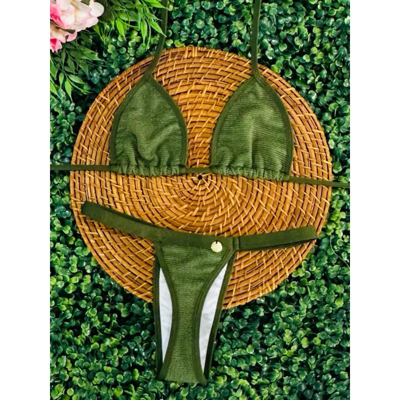 conjunto biquíni Cortininha fita bronze tecido anarruga
