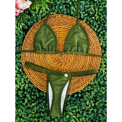 conjunto biquíni Cortininha fita bronze tecido anarruga