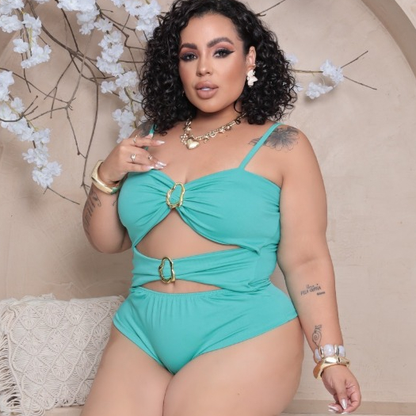 Maiô luxo body com detalhe de fivelas argola plus size com bojo e alça