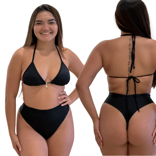 Conjunto de Biquíni Feminino Cortininha com Bojo e Hot Pant Cintura Alta Modeladora