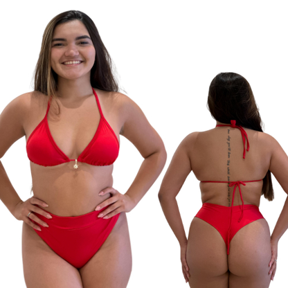 Conjunto de Biquíni Feminino Cortininha com Bojo e Hot Pant Cintura Alta Modeladora