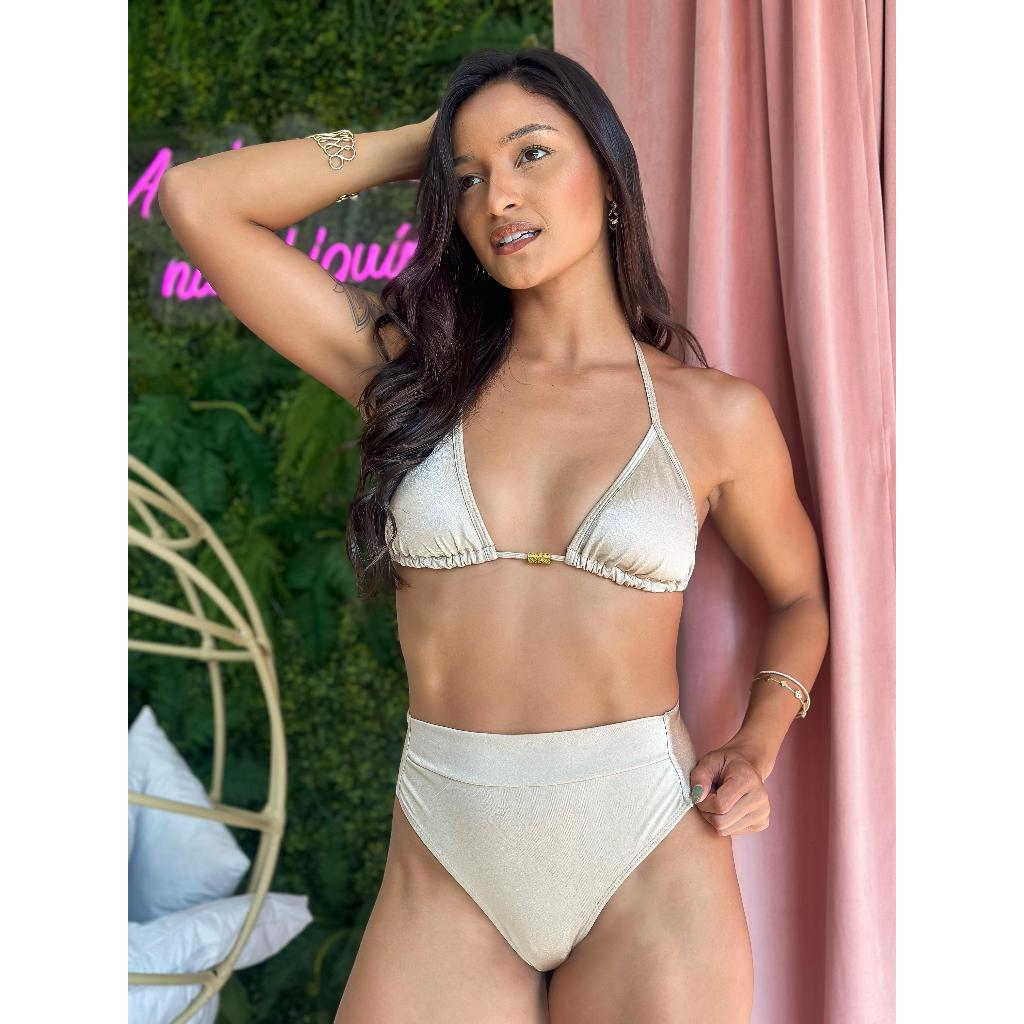 Conjunto de Biquíni Feminino Cortininha com Bojo e Hot Pant Cintura Alta Modeladora