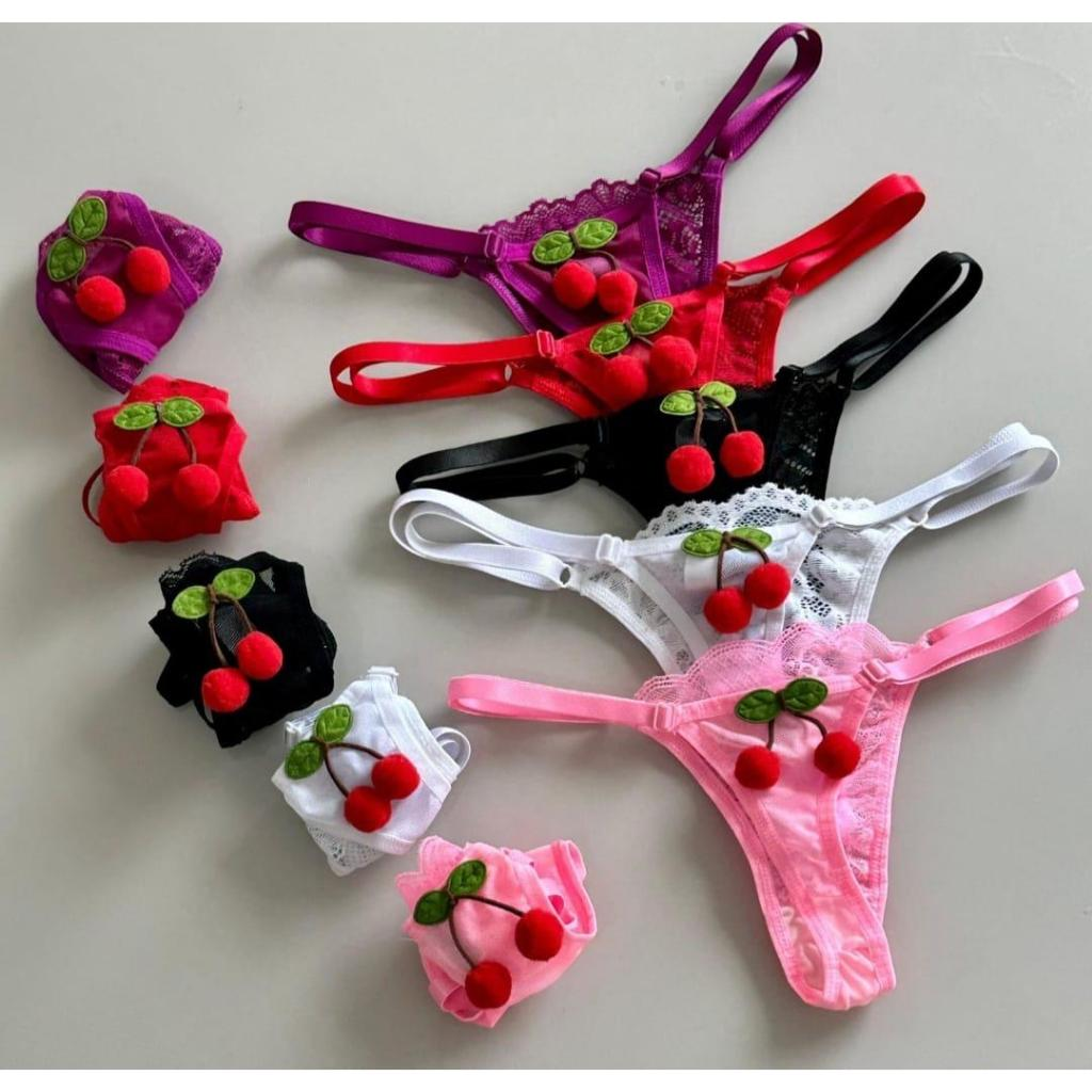 Kit 3 Calcinha Cerejinha Lingerie Renda com Tule Cereja