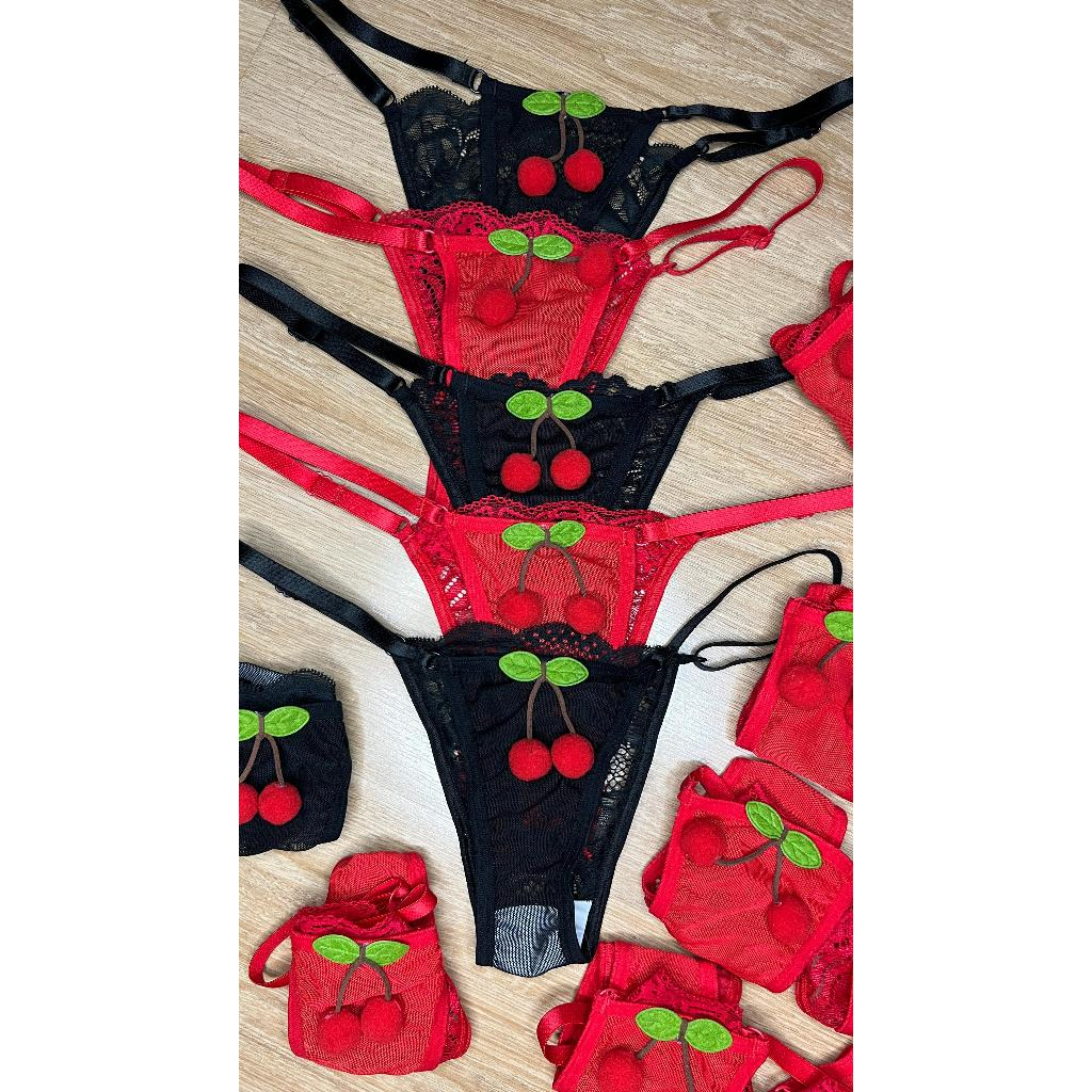 Kit 3 Calcinha Cerejinha Lingerie Renda com Tule Cereja