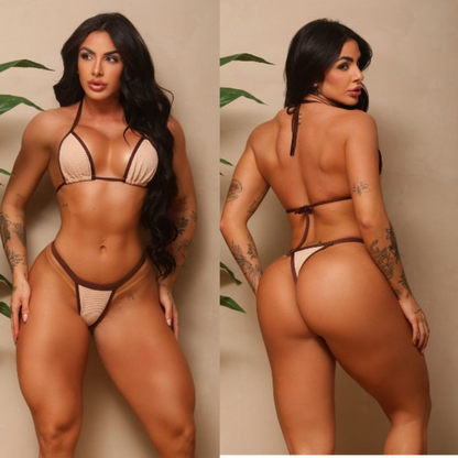 conjunto biquíni Cortininha fita bronze tecido anarruga