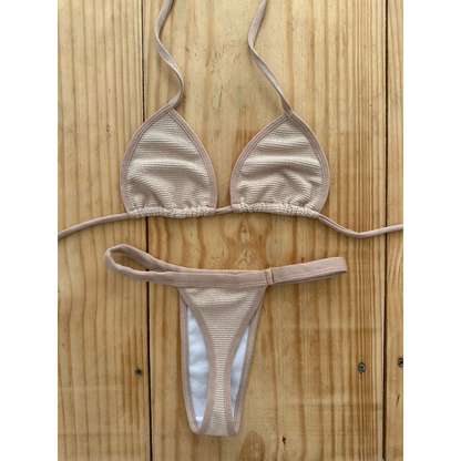 conjunto biquíni Cortininha fita bronze tecido anarruga