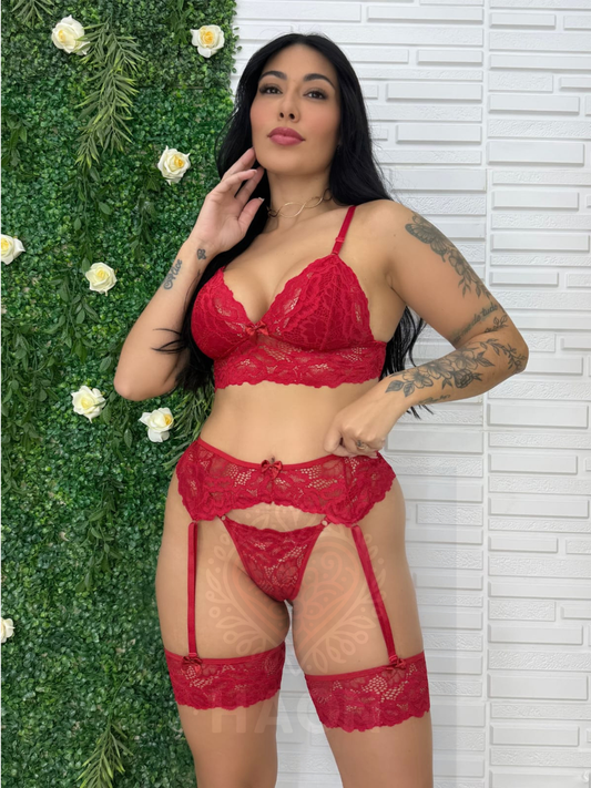 Lingerie Sexy Conjunto com Calcinha Fio dental Cinta Liga e Perneira Persex em Renda P - Plus Size