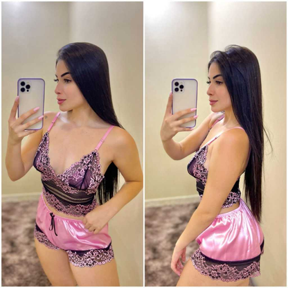 "Baby Doll de Cetim Luxo Feminino - Pijama Curto com Alças Ajustáveis e Renda"