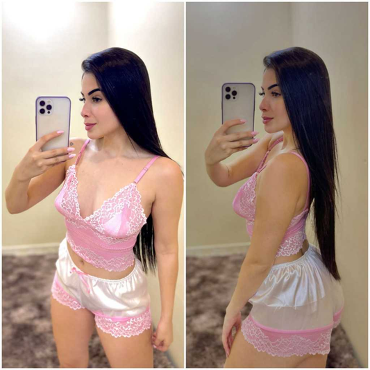 "Baby Doll de Cetim Luxo Feminino - Pijama Curto com Alças Ajustáveis e Renda"