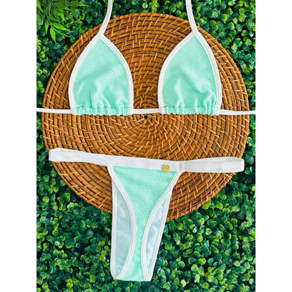 conjunto biquíni Cortininha fita bronze tecido anarruga