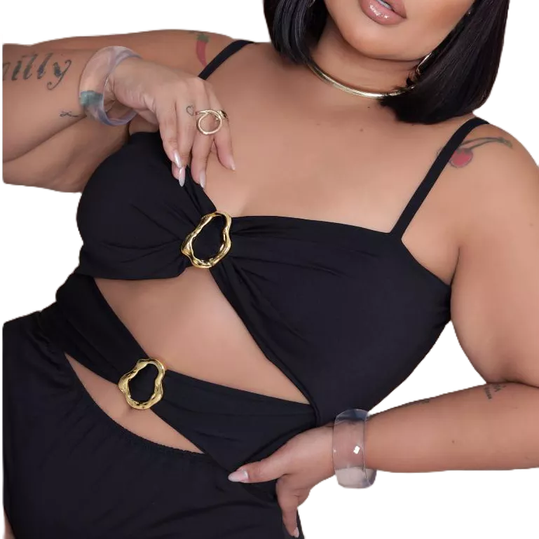 Maiô luxo body com detalhe de fivelas argola plus size com bojo e alça