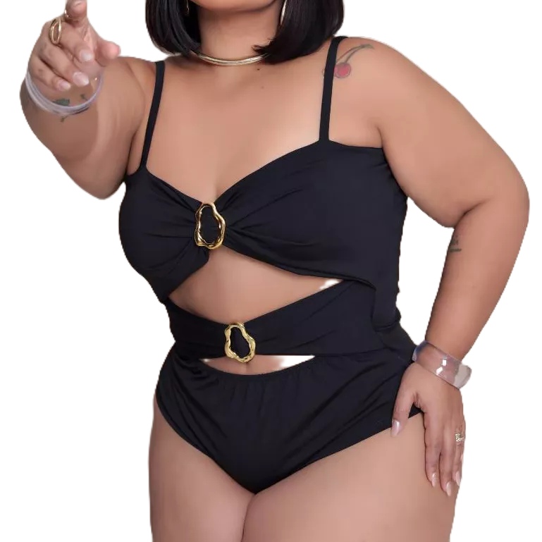 Maiô luxo body com detalhe de fivelas argola plus size com bojo e alça