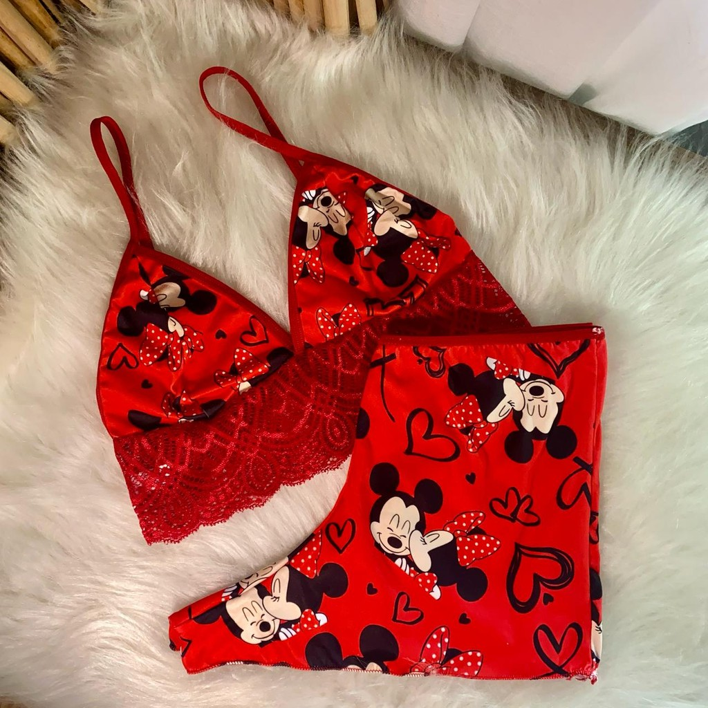 Pijama Estampado Personagens Bady Doll Suede Com Detalhe de Renda Roupa de Dormir Top Doll