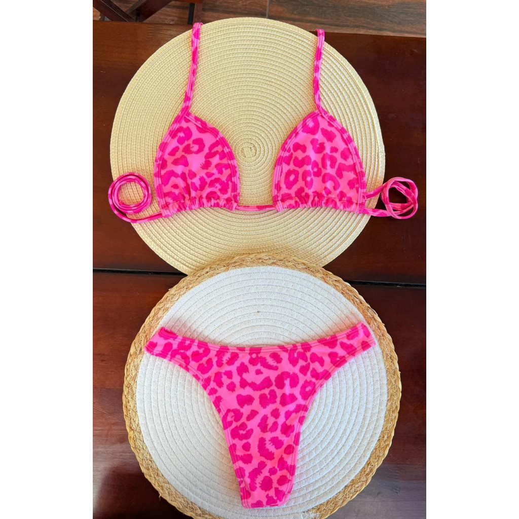 Biquíni Conjunto Feminino Asa Delta Estampado Onça Rosa Verão Praia